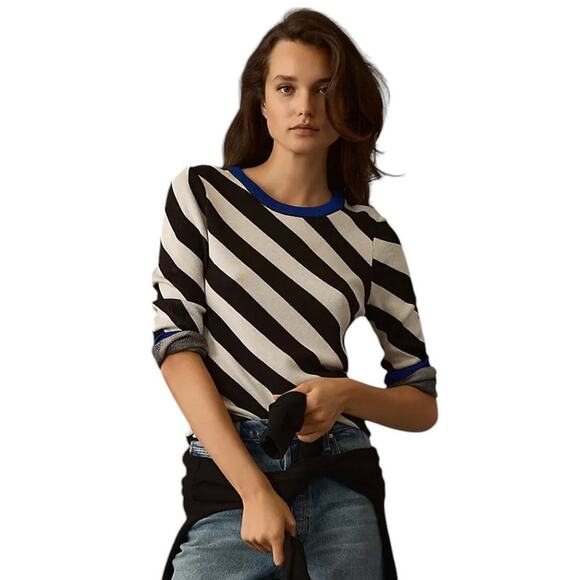 Anthropologie Maeve Black White Striped Pullover Blue Trim Sweater - Picture 1 of 11